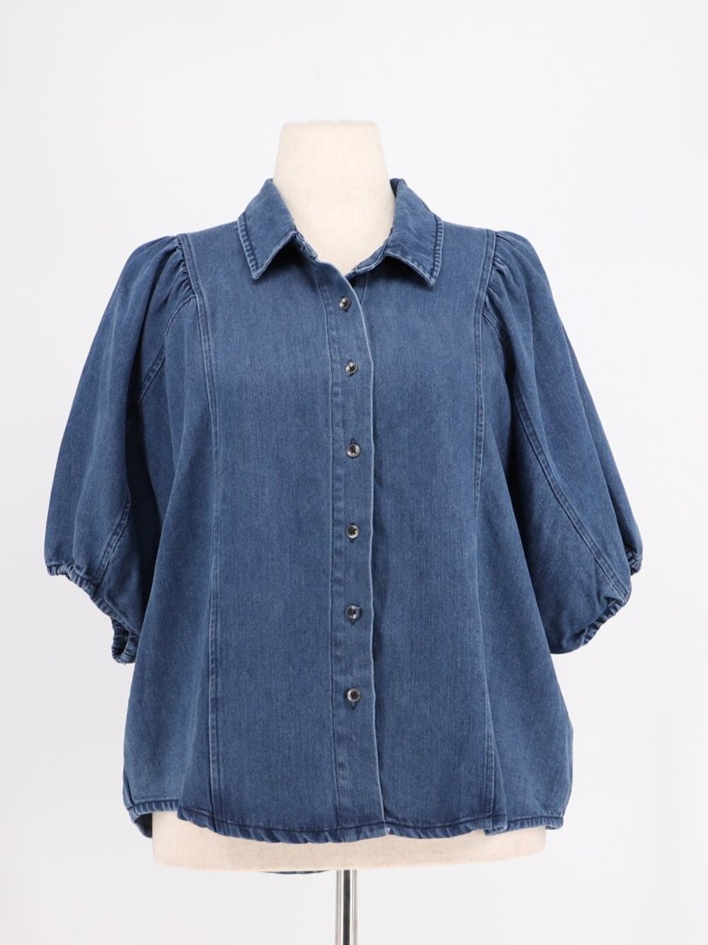 LAURA ASHLEY Short Puff Sleeve Denim Chambray Shirt Size L